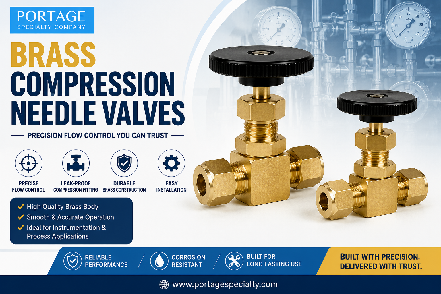 Brass compression needle valves for precise flow control.