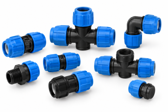 Plastic compression fittings for tubing in black and blue
